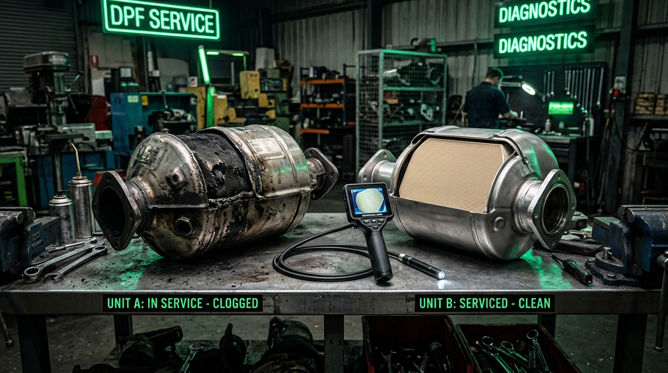 Side-by-side comparison of a soot-covered dirty diesel particulate filter core versus a restored, clean ceramic honeycomb