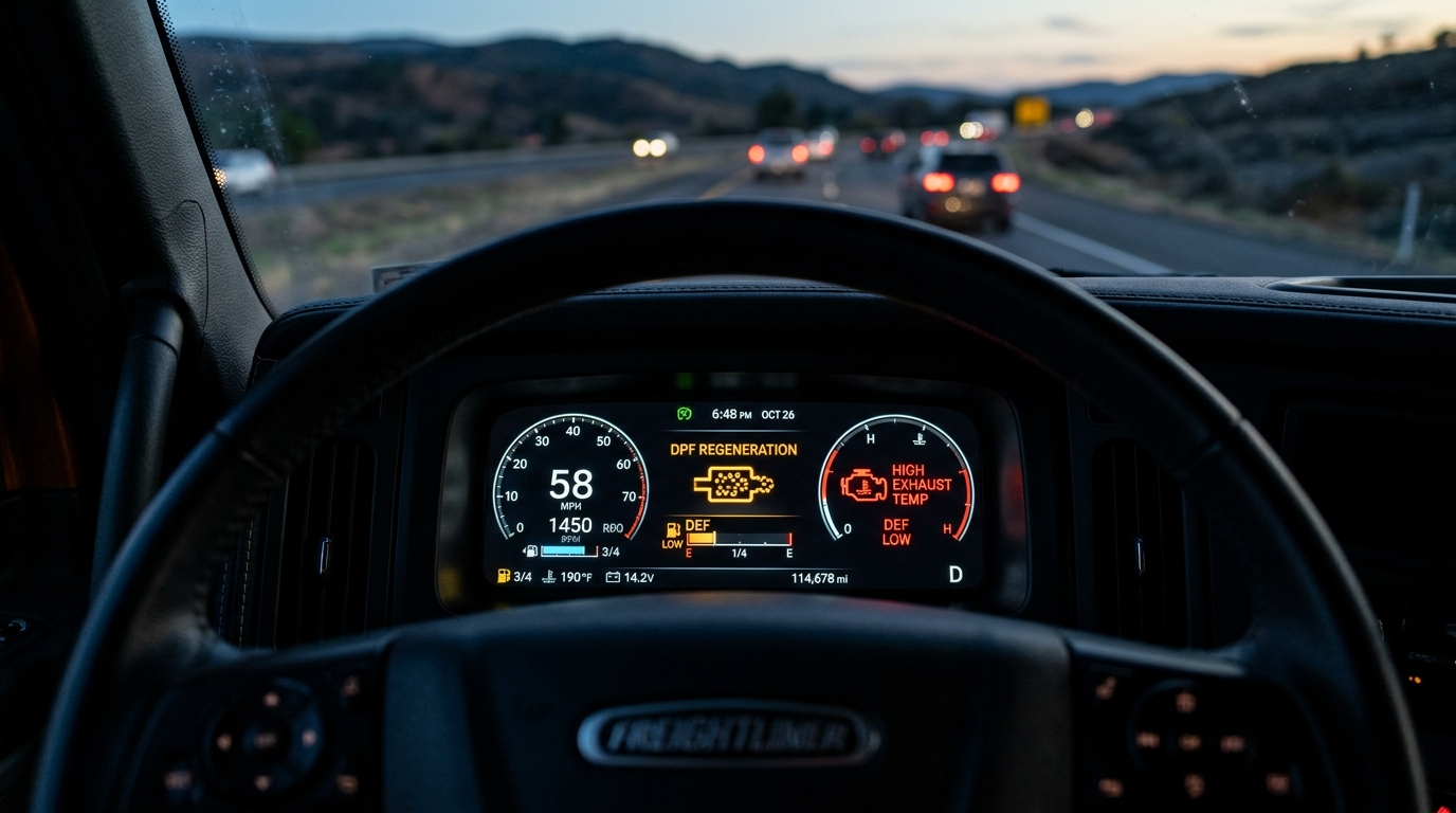 Heavy-duty commercial truck digital instrument display showing yellow DPF warning lamp illuminated with derate countdown