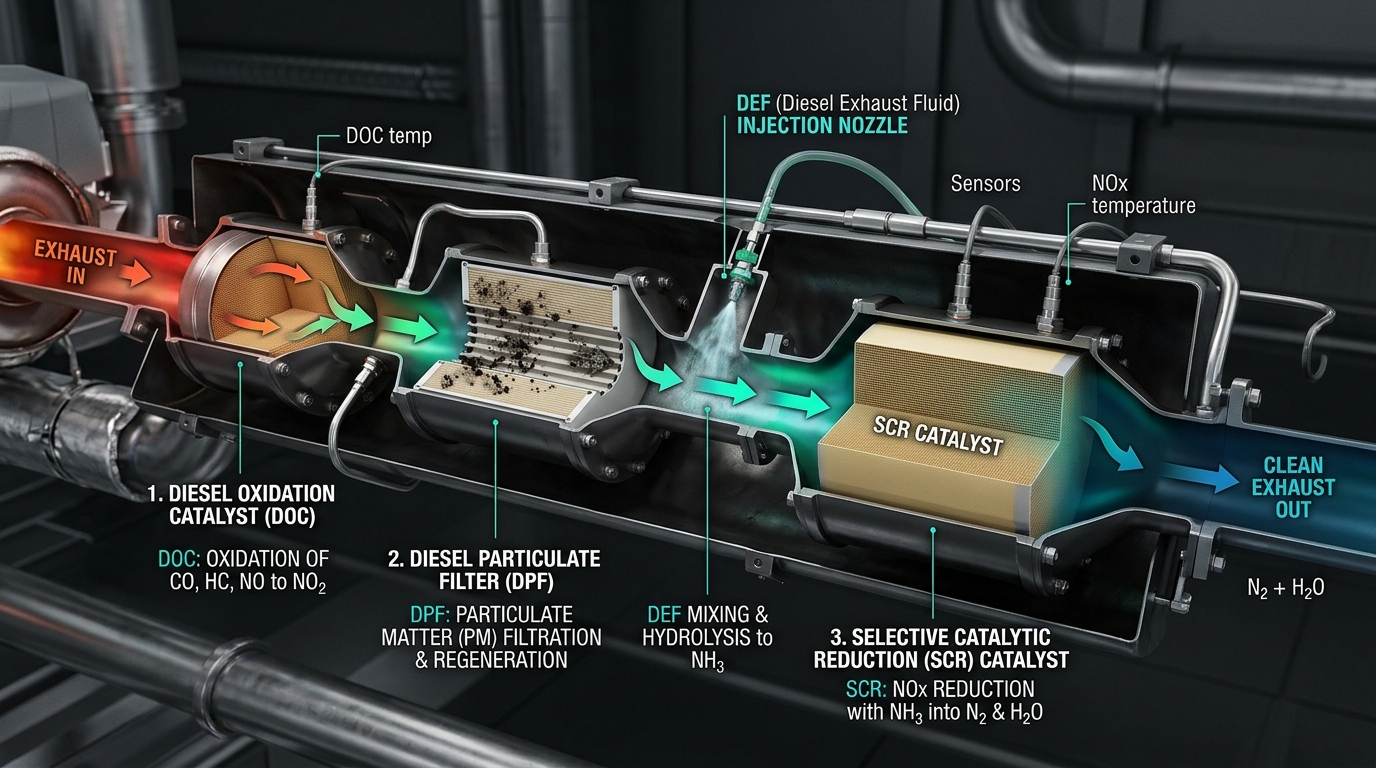 Engineering schematic diagram illustrating exhaust flow through Diesel Oxidation Catalyst, Diesel Particulate Filter, and Selective Catalytic Reduction chamber