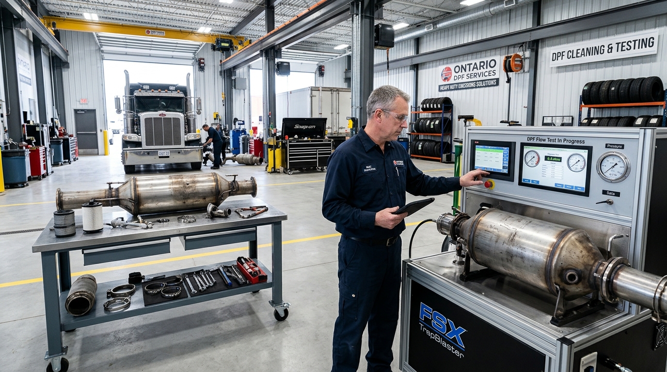 Exterior and interior view of JTECH DPF commercial emissions service centre in Kitchener, Ontario showing diagnostic testing bays